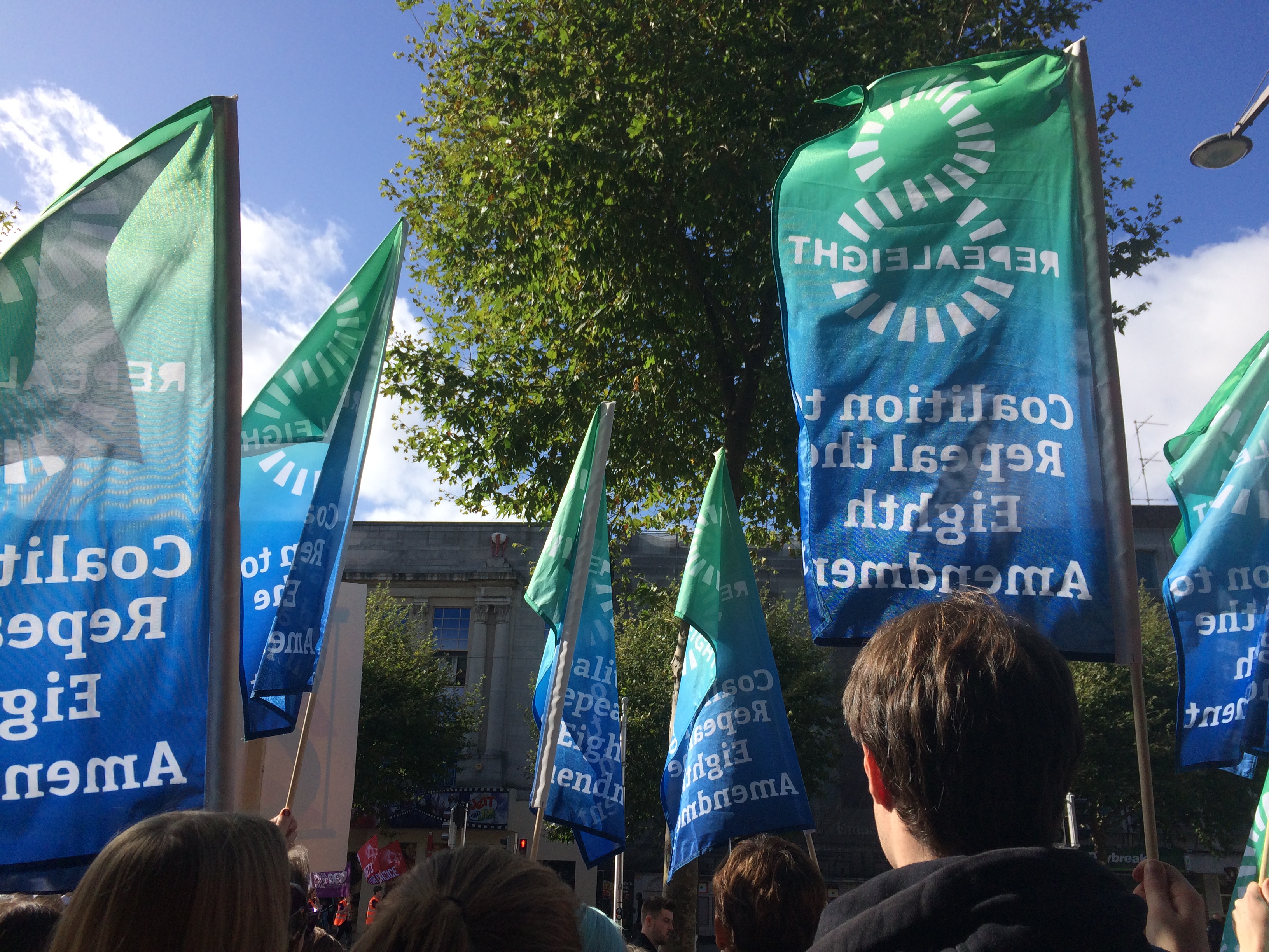 Repeal the Eighth coalition flags on Dublin's O'Connell Street during the 2017 March for Choice